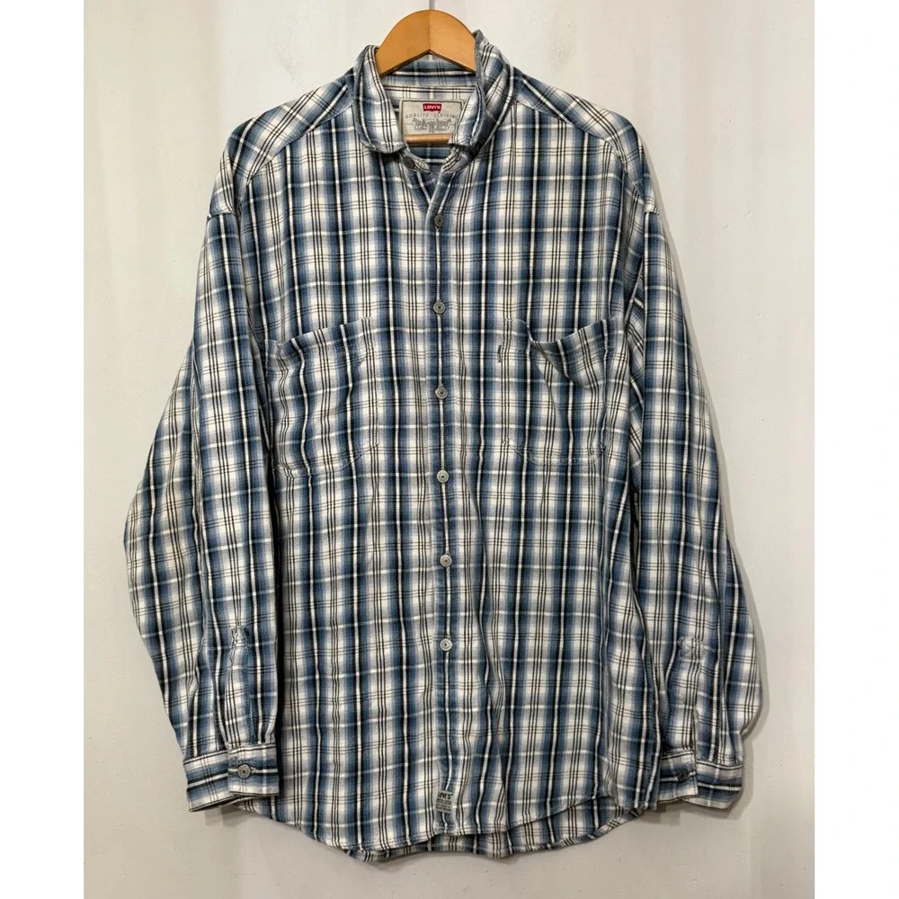 VTG Levis Mens XL Blue Plaid Flannel Button Down Shirt Metal Button 90s Grunge